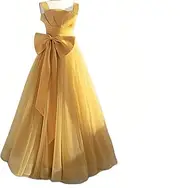 [Generic] Women Elegant Yellow Ball Gown, Corset Back, Large Bow Detail, Floor Length Tulle Evening Dress, Formal Evening Party Gown for Wedding, Cocktail, Holiday & Graduation