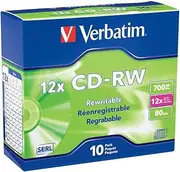 Verbatim CD-RW 700MB 2X-12X Rewritable Media Disc - 10 Pack Slim Case, Silver - 95156