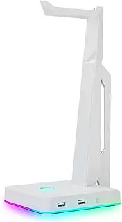 RGB Gaming Headset Stand with 2 USB Ports, Game Headphone Mount for PC, Xbox One, PS4, Switch, Earphone Holder Hanger, Great for Gaming Stations, Fancy Desk Gamer Accessories, White