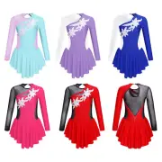 Kids Girls Long Sleeve Figure Ice Roller Skating Dress Ballet Dance Wear Costume