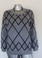 NWT WOMEN'S LEE ARGYLE PULLOVER SWEATER Size 1X LONG SLEEVE CREW NECK GRAY/BLACK
