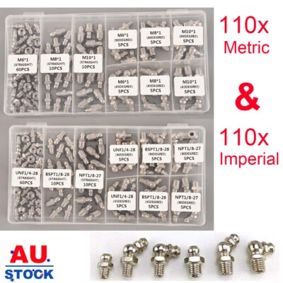 220pcs Hydraulic Grease Nipple Mechanical Lubricant Fitting Kit Metric Imperial