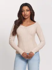 GUESS Women's Beige Allie Long Sleeve Knit Top Size: Small, Polyester