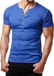 [VgueElegc] Short Sleeve Beach Hippie T-Shirts Gym Workout Athletic Shirt Tees with Button Casual Henley Shirts for Men