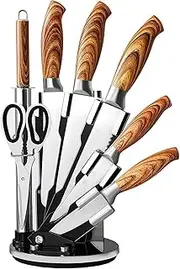 Homodoskey Kitchen Knife Set,6-Pieces Black Sharp Knife Set for Kitchen, Non-stick Non-slip Stainless Steel Chef Knife Set with Universal Knife Block Suitable for Home Restaurant (Wooden Handle Steel)