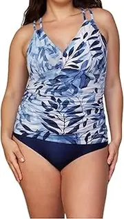[wadizo] Tankini Women's Tummy Control Set Push Up Ruffle Two Piece Swimsuit High Waist Bikini Swimwear Halter V-Neck Top, Blue Leaf, L