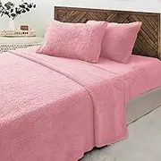 Luxor Teddy Bear Fleece Soft Thermal Warm Fitted Flat Sheet Set, Blush, Queen