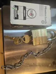 Original Brass Military Master Lock Padlock w/9" Chain & 2 Keys