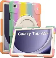 [Andnary] Case for Samsung Galaxy Tab A9+, Heavy Duty Shockproof Cover with Pencil Holder/360° Rotating Handheld Stand/Shoulder Strap, A9 Plus Case 11" 2023 for SM-X210/X216/X218, Colorful Pink