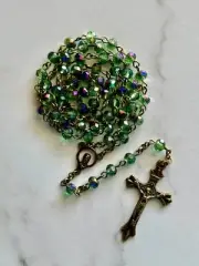 Vintage Bronze AB Green Austrian Crystal Glass Bead Rosary for Catholic Prayers