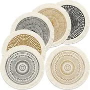 LOMOHOO Set of 6 Round Placemats 13 Inch Table Mats Boho Cotton Woven Mandala Tassels Heat Proof Washable Circle Place Mat for Kitchen Dining Wedding Farmhouse Home Decoration