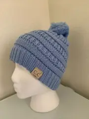 C.C Kids' Babies' Girls Soft Stretch Cable Knit Pom Pom Beanie Hat Pale Blue New