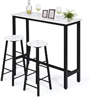 Dining Table Stools Set, 3PCS High Bar Table Set With Metal Frame & 2 Stools, Space-Saving Modern Pub Coffee Desk for Dining Room, Kitchen, Office, Cafe, Counter, White/Black
