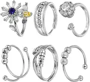 [Yuanchu] Pack of 6 Anxiety Spinning Ring, Silver Anxiety Ring, Anti-Stress Ring for Women Men Open Rings Fidget Rings Adjustable Stackable Anxiety Spinning Rings Zirconia Fidget Rings