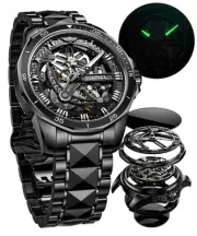 Man Watch Black Automatic Skeleton Wristwatch Luminous 3D Dial with Waterproo...