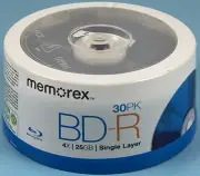 NEW Memorex 30 Pack Blu-Ray Discs BD-R 4X 25GB Single Layer Discs Factory Sealed