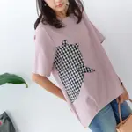 慢 生活 格紋拼接造型棉麻上衣- 粉紅色
