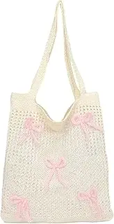 [Cunegra] Knitted Handbags for Women Summer Boho Mesh Beach Bag Pink Bow Design Large Capacity Crochet Tote Bag for Holiday Daily Work Shopping Travel