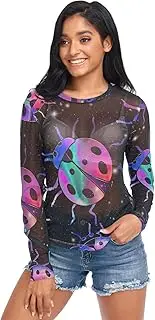 [RPLIFE] Neon Ladybirds Black Mesh Blouse for Women, See Through Top S-XXL