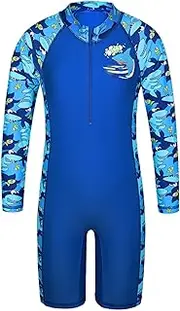 [HUAANIUE] Boys Children's 1-Piece Swimsuit Anti-UV UPF 50+ Children Boys One Piece Swimsuit with Zip Long Sleeves 4-12 Years