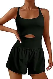 [YOAKUKA] Womens Workout Rompers Running Outfits Padded Bra Tennis Exercise Jumpsuits Gym Clothes