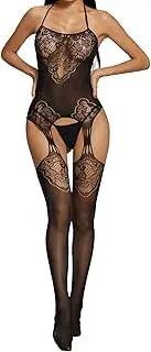 [YIINHEY] Womens Fishnet Bodystocking Attached Stockings Sexy Lingerie Crotchless Bodysuit Mesh Bodystocking Babydoll One Size, Black
