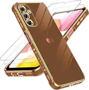 [LeYi] for Samsung Galaxy A14 5G Case: with Tempered Glass Screen Protector [2 Pcs]+ Full Camera Lens Protection,Love Heart Plating Luxury Shockproof Case for Galaxy A14 5G, Cute Present for Mom, Brown