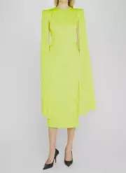 $2200 Alex Perry Women's Yellow Satin Pleated Cape Sleeve Huntley Dress Size 6