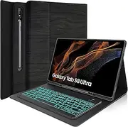 Backlit Keyboard Case for Samsung Galaxy Tab S8 Ultra 14.6 Inch 2022(SM-X900/SM-X906), Wineecy 7 Colors Backlight Detachable Wireless Keyboard & PU Folio Stand Cover Case for Tab S8 Ultra, Black