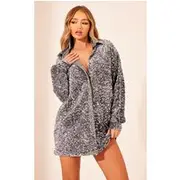 Silver Velvet Sequin Oversized Shirt Dress, Silver