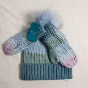 West Loop Kids One Size Winter Pom Puff Hat & Glove Set Green Blue Stripe New