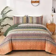 WONGS BEDDING Boho King Quilt Set, Green and Orange Bohemian Quilt Bedding Set, Fall Lightweight Bed Decor Bedspread for All Season Reversible Microfiber Coverlet Bedding Set 103"x90"(3 Pieces)