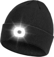 Beanie Headlamp, Winter Knit Cap with LED Hands Free USB Rechargeable Caps-Black