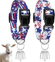 Yeyeplum 2 Pack Goat Collars with Bells, Sheep Grazing Copper Bells and Adjustable Nylon Collar Set Loud Bronze Bell for Farm Animal Sheep Cow Accessories(Red White Blue,Independence Day Pattern)