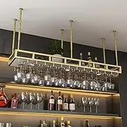 Adjustable Height Wrought Iron Bar Counter Wine Rack with Hanging Wine Glass Holder Wall Decoration Storage Shelf for Restaurant and Home Space Saving Wine Cabinet Storage Rack 80 * 30CM