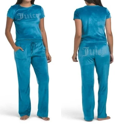 NWT Juicy Couture Dark Teal Rhinestone Logo Velour 2 PC Lounge Suit Set Sz M