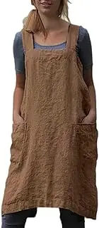 Amlztr Women's Pinafore Apron Cross Back Apron with Pockets Cotton Linen Apron Dress Plus Size
