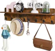 Set of 2 Wall Mounted Coat Rack Shelves 31.5" Wood with 8 Hooks Rustic Brown