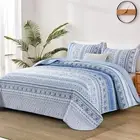 Boho Quilt King Size, Light Blue Bohemian Bedspread King Size Set with 2 Pillow