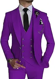 [JEShifangjiusu] 3 Pieces Tuxedo Blazer for Men 1 Button Elegant Slim Fit Single Breasted for Prom Wedding Party Stylish Suit Dress Set Vest Pants, Purple, L