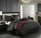 Full Queen Cal King Bed Red Black Gray Grey Geometric Striped 7 pc Comforter Set