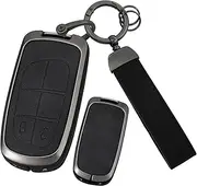 ontto 2-Button Key Cover with Keychain Compatible with Jeep Grand Cherokee Car Accessories,Metal and Leather Key Fob Housing Protection and Decoration,Black
