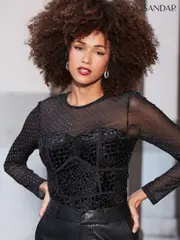 Sosandar Black Velvet Sparkle Mesh Sleeve Top (AW1027) | $127