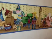 CHILDREN'S PLAY ROOM TOYS ON A SHELF PREPASTED YELLOW WALLPAPER BORDER # 5803010