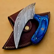 HAND FORGED DAMASCUS CHEF KNIFE ULU KNIFE HANDLE BLUE KOA WOOD LEATHER SHEETH