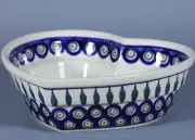BOLESLAWIEC Polish Pottery PEACOCK FEATHERS HEART Shape Ceramic Serving Dish