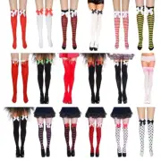 Women Halloween Christmas Thigh High Stockings Striped Skeleton Bow Long Socks