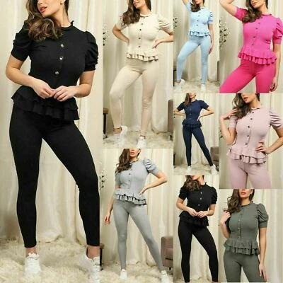 Ladies Tracksuit Set Womens Fine Ribbed Frill Peplum Gold Button Loungewear Suit