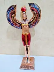 13" Egyptian Antique Statue– Goddess Isis of Love & Magic, Sun Disc & Open...