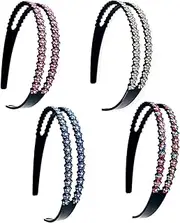 [JZK] 4x Double rows rhinestone headband for girls and women, sparkly diamond flower head band, shiny crystal teeth comb hairband alice band for bride bridesmaid, white, pink, blue, colourful